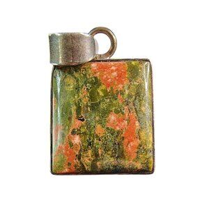 Sterling Silver .925 Unakite Jasper Square Pendant, 1.5"